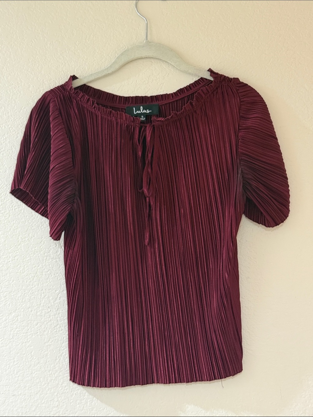 Lulu's Wine Pleated Tie-Neck Short Sleeve Top
